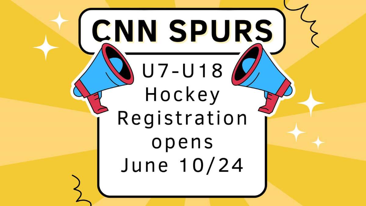 Yellow background with blue megaphones, in between on white square background text reads "CNN Spurs U7-U18 Hockey registration opens June 10/24"
